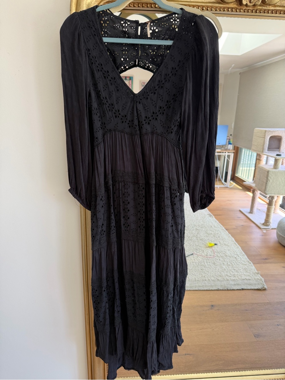 Free People Black Eyelet V‑Neck Maxi Dress with Tiered Skirt